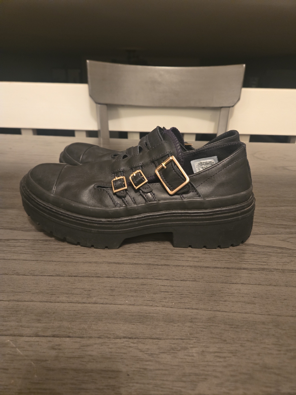 Converse Black Leather Platform Buckle Shoes with Gold Hardware